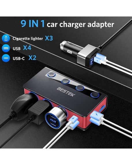 BESTEK 180W Cigarette Lighter Adapter Splitter with PD36W/65W and QC3.0 18W LED Voltage Display for 12V/24V Vehicles Red